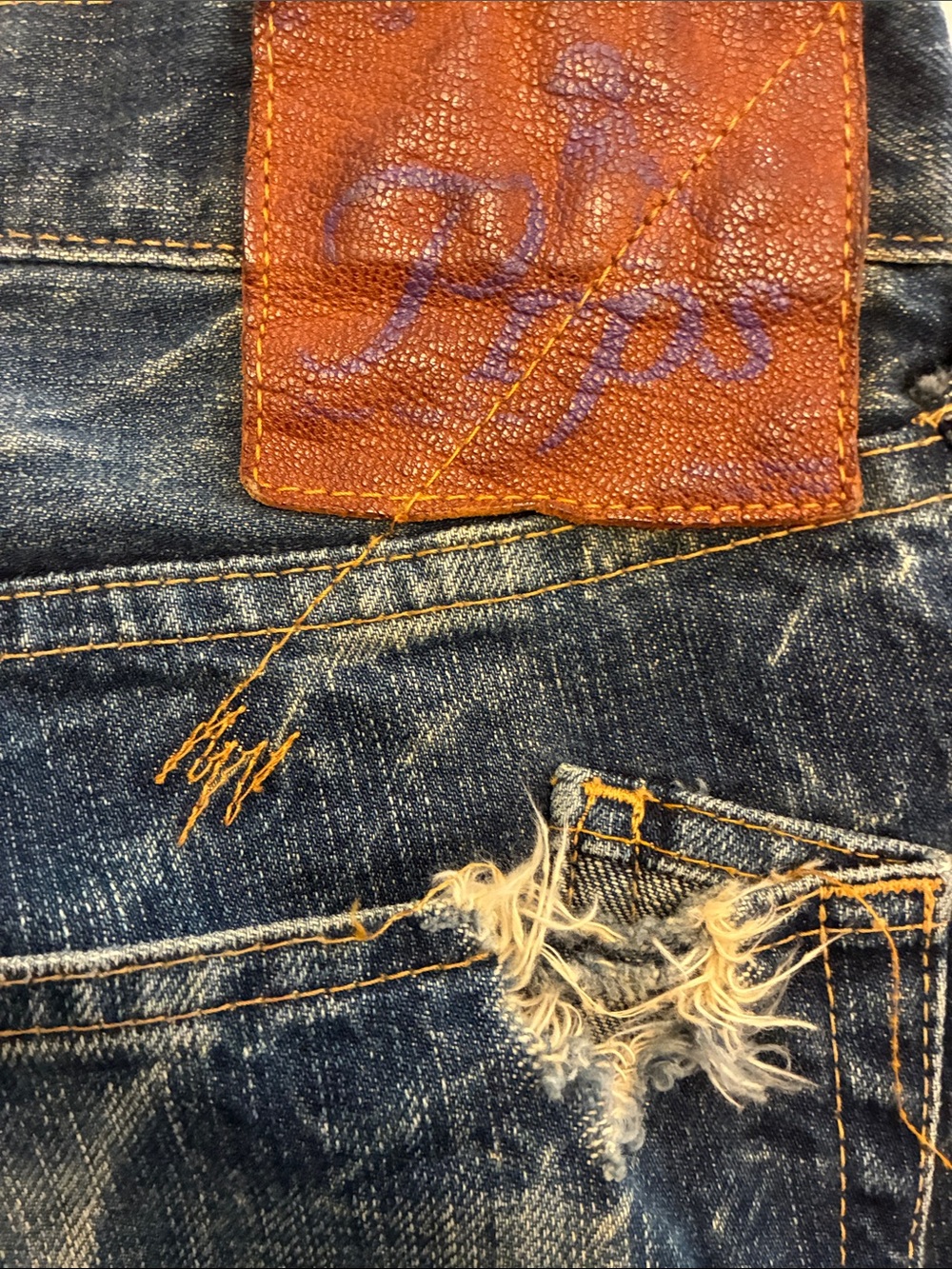 PRPS Blue Denim Jeans with Brown Leather Patch